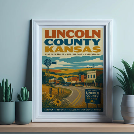 Vintage Lincoln County Kansas travel poster with text and rural scene.