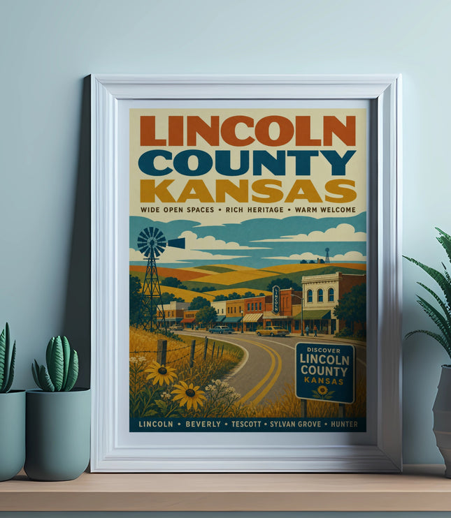 Vintage Lincoln County Kansas travel poster with text and rural scene.