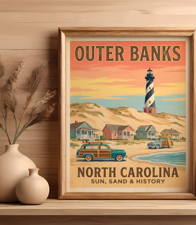 Outer Banks, North Carolina vintage travel poster with lighthouse, beach houses, and cars.
