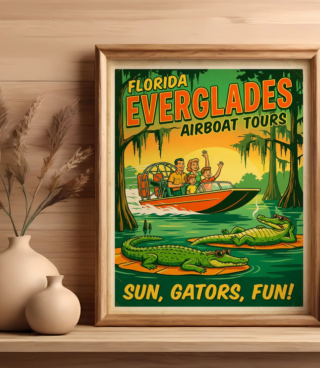Florida Everglades Airboat Tours poster with family, gators, and text Sun, Gators, Fun!