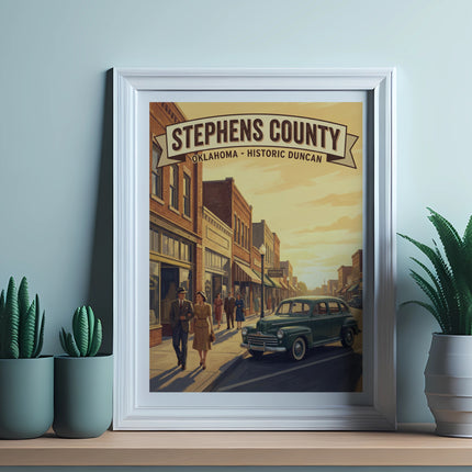 Framed artwork "Stephens County Oklahoma Historic Duncan" shows vintage street scene.