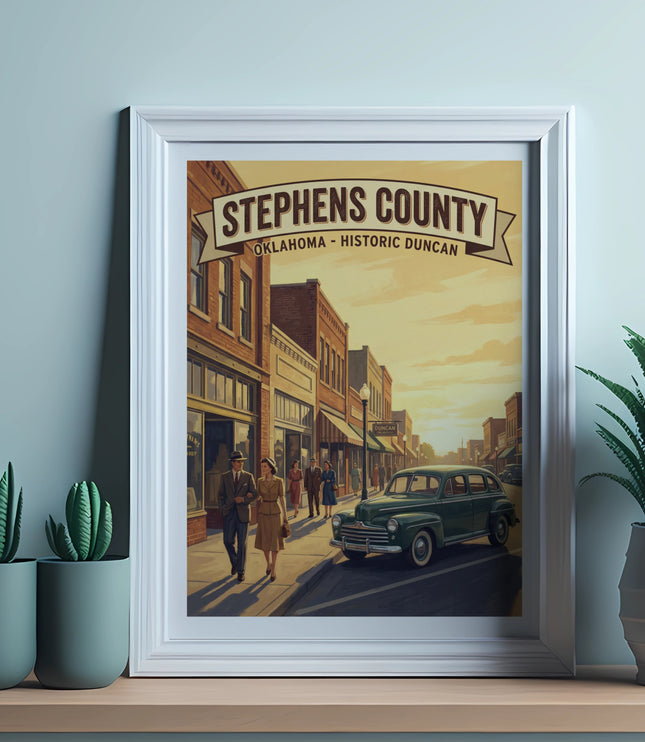 Framed artwork "Stephens County Oklahoma Historic Duncan" shows vintage street scene.