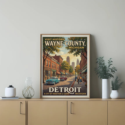 Vintage travel poster for Detroit, Wayne County, Michigan featuring a street scene.