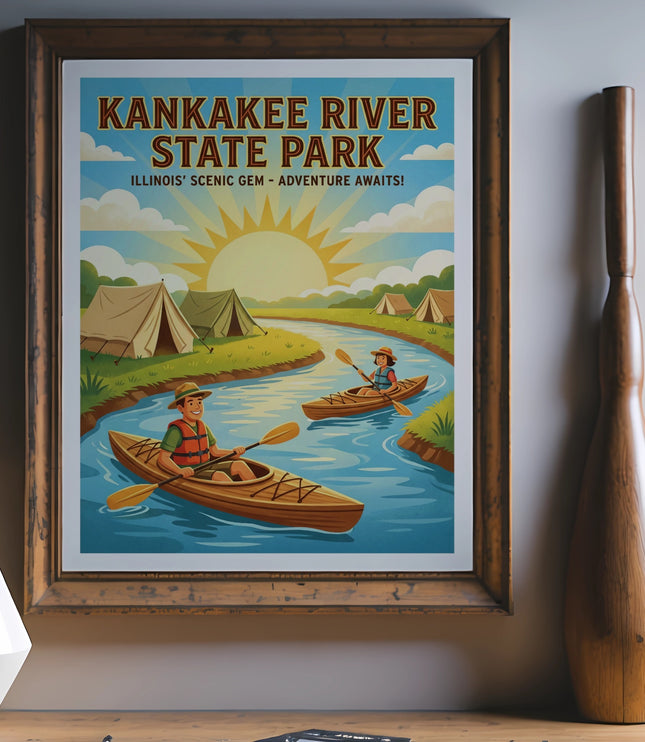 Kankakee River State Park poster with people kayaking.