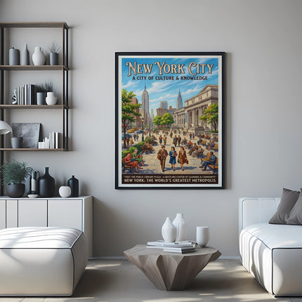 New York City Public Library Plaza poster with people and buildings.
