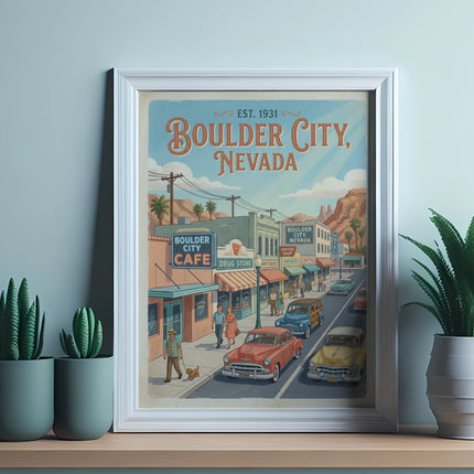 Framed poster of Boulder City, Nevada with vintage cars and shops.