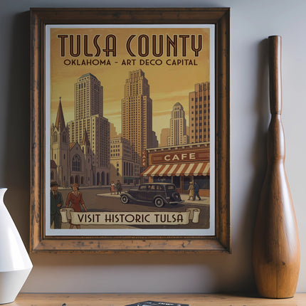 Retro "Tulsa County, Oklahoma - Art Deco Capital" poster featuring city skyline and "Visit Historic Tulsa" text.