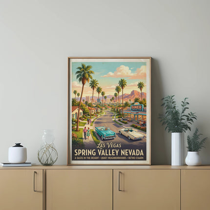 Vintage Las Vegas Spring Valley Nevada poster with palm trees, classic cars, and a diner.