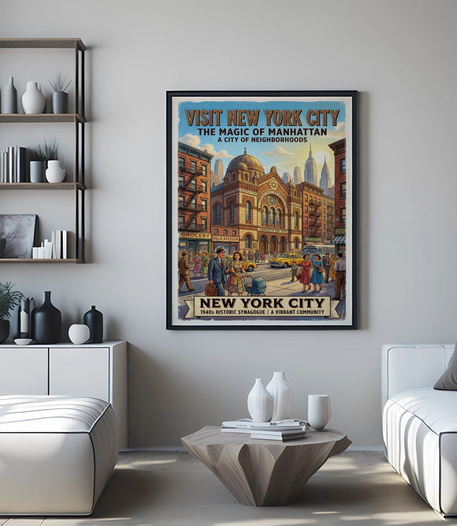 New York City 1940s vintage poster with city skyline and buildings.
