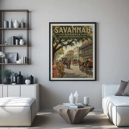 Savannah Georgia Southern Charm advertisement with horse-drawn carriages.