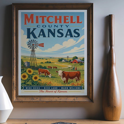 Poster for Mitchell County, Kansas, featuring farmland, windmill, and cattle.