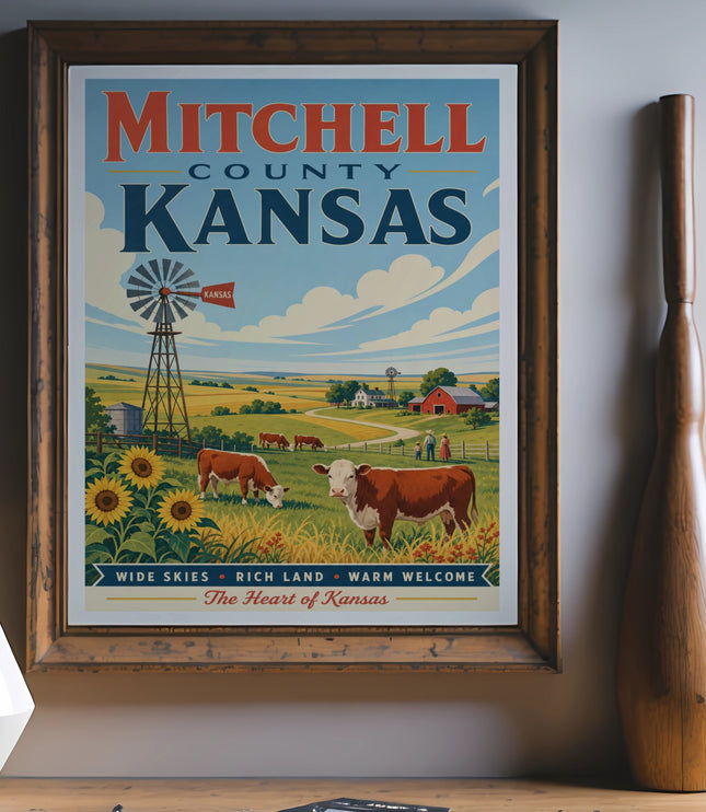 Poster for Mitchell County, Kansas, featuring farmland, windmill, and cattle.