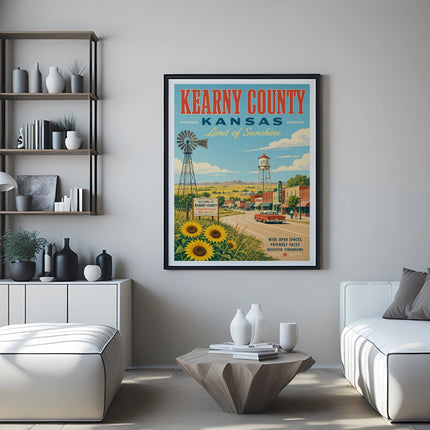 Kearny County, Kansas, Land of Sunshine poster with windmill and sunflowers.