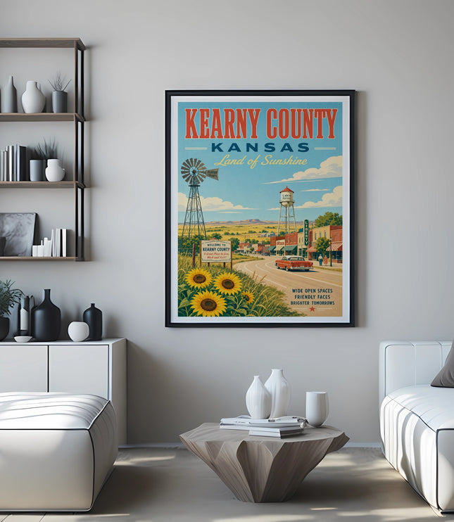 Kearny County, Kansas, Land of Sunshine poster with windmill and sunflowers.