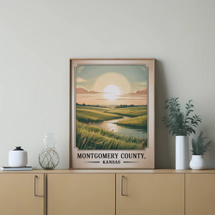 Montgomery County, Kansas landscape art print in a light wood frame.