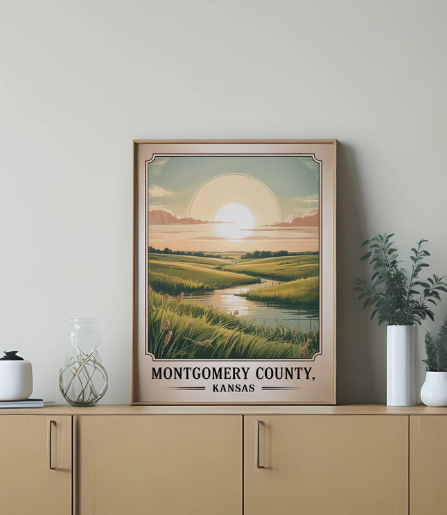 Montgomery County, Kansas landscape art print in a light wood frame.