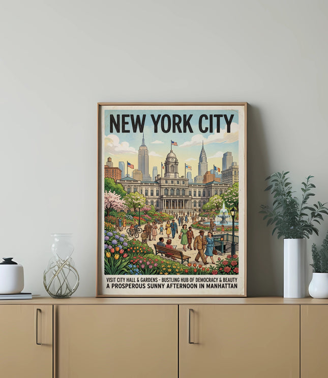 New York City poster featuring City Hall, gardens, buildings, and people on a sunny afternoon.