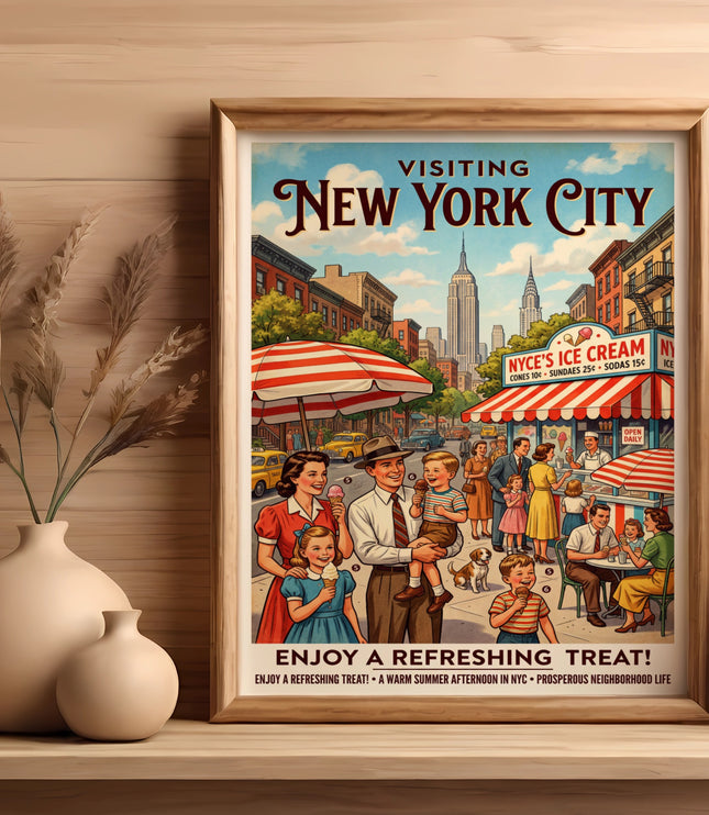 Vintage poster of families enjoying ice cream in New York City with Empire State Building in background.