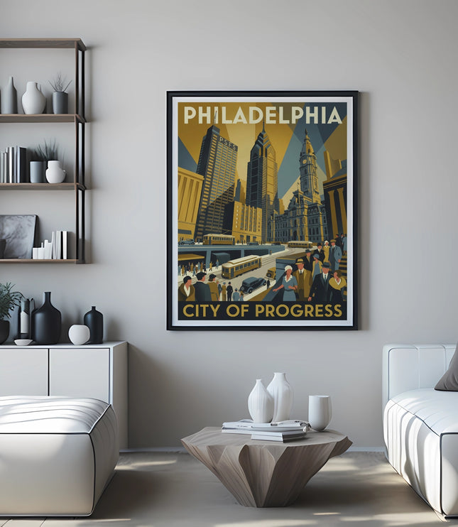 Philadelphia City of Progress art print in a modern living room.