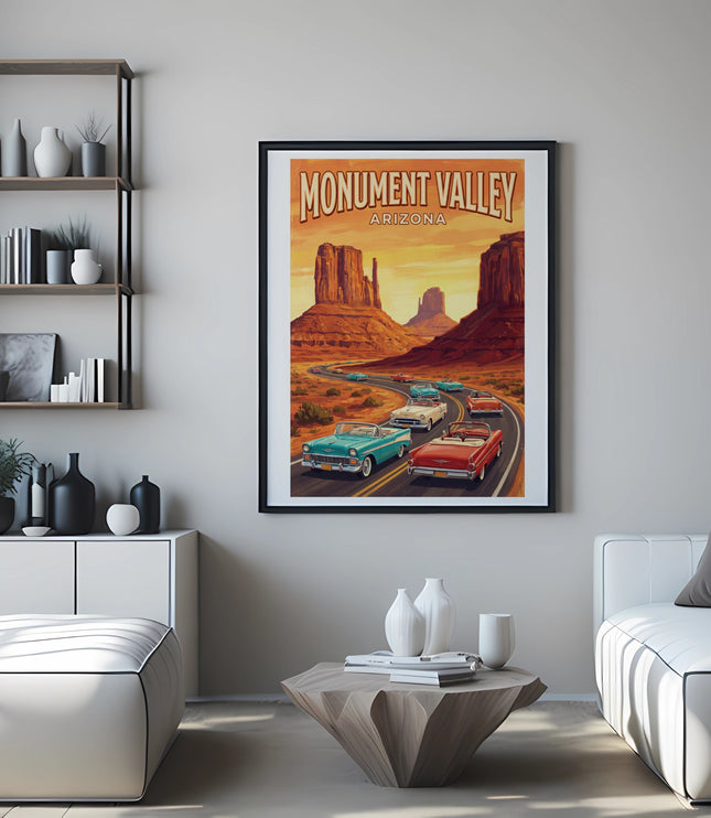 Framed artwork of Monument Valley, Arizona with vintage cars driving a desert road.