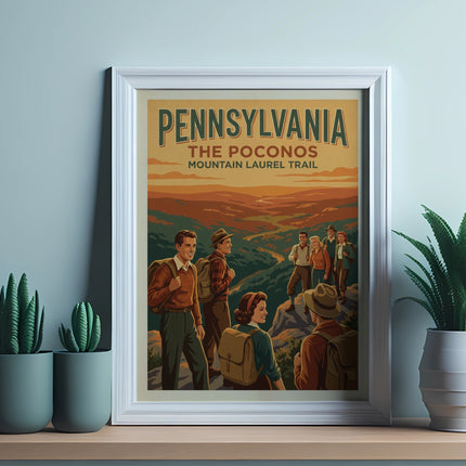 Framed poster of "Pennsylvania The Poconos Mountain Laurel Trail" hikers with landscape.