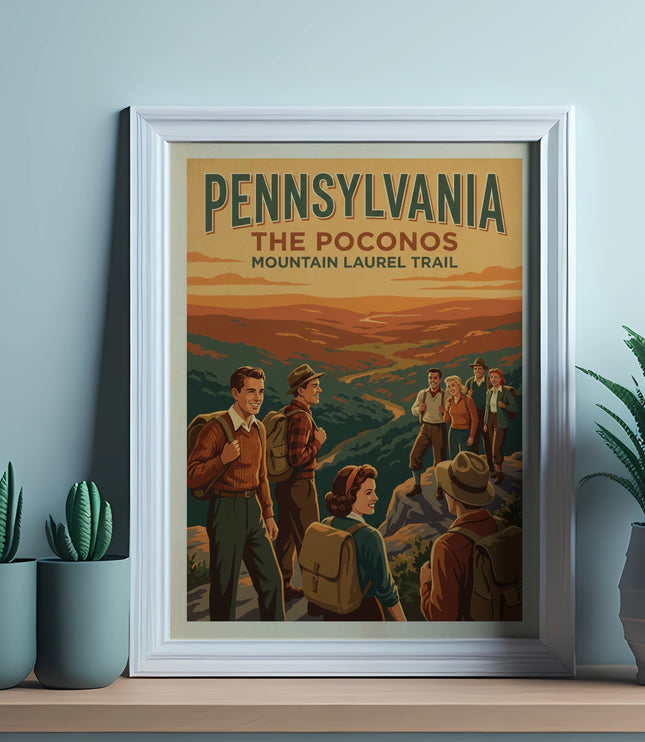 Framed poster of "Pennsylvania The Poconos Mountain Laurel Trail" hikers with landscape.