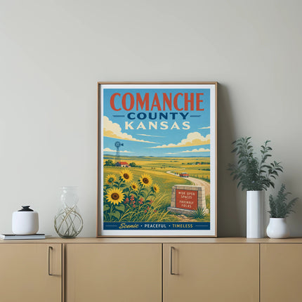 Comanche County Kansas poster with sunflowers, windmills, and scenic landscape.