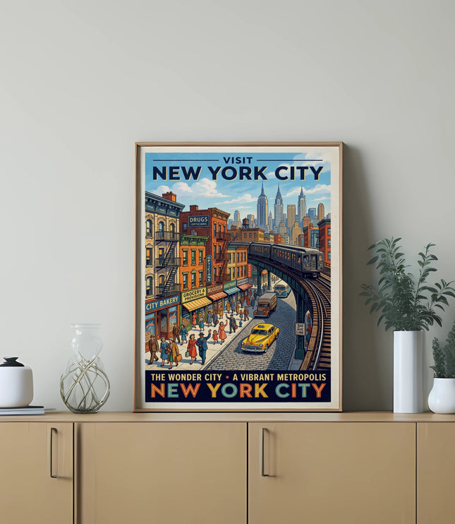Vintage poster of New York City with skyscrapers, street scene, and elevated train.