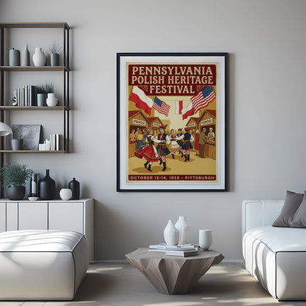 Pennsylvania Polish Heritage Festival poster with folk dancers and flags.