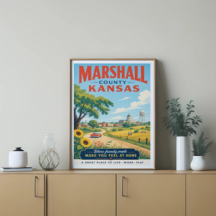 Marshall County Kansas travel poster with farm scene and text.