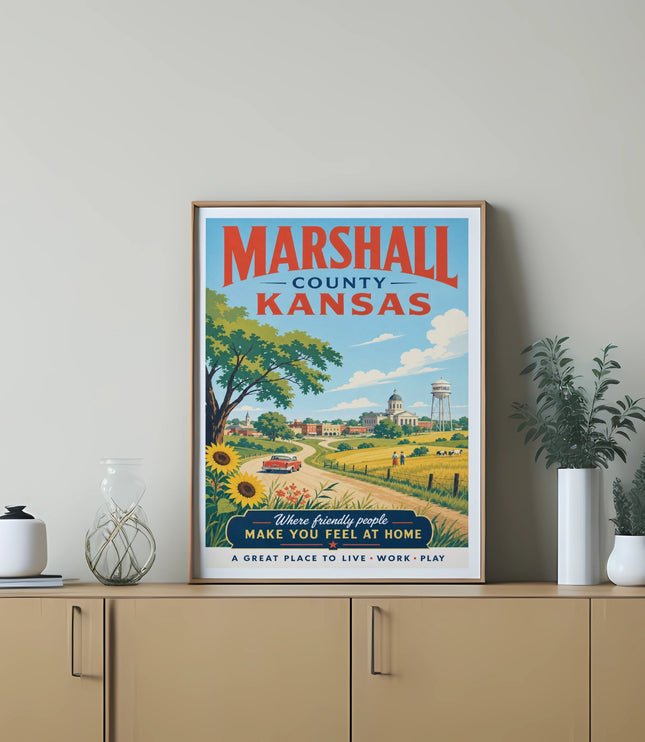 Marshall County Kansas travel poster with farm scene and text.