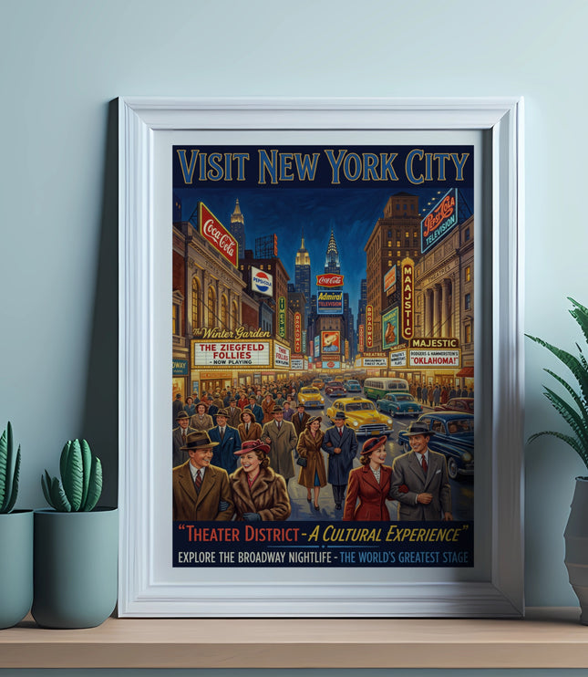 Vintage New York City Theater District poster with "Visit New York City" text.