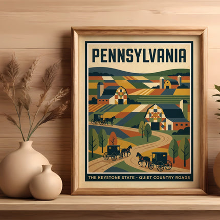 Framed vintage travel poster for Pennsylvania featuring colorful farms and horse-drawn carriages.