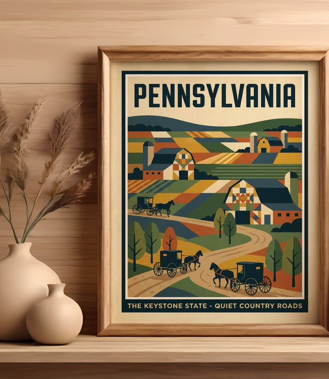 Framed vintage travel poster for Pennsylvania featuring colorful farms and horse-drawn carriages.