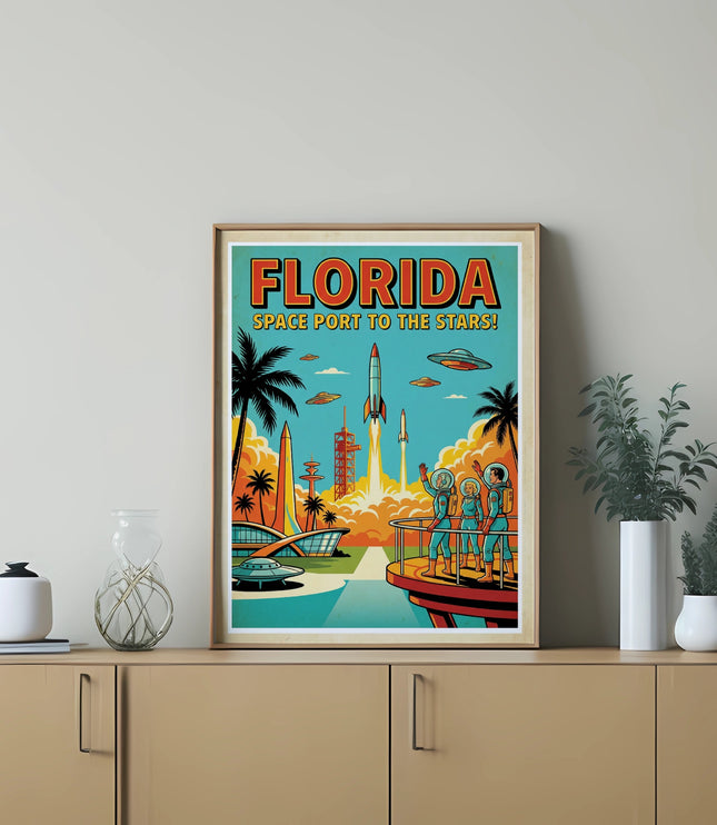 Florida Space Port to the Stars vintage travel poster with rockets and astronauts.