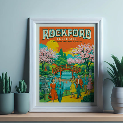 Rockford Illinois Anderson Japanese Gardens vintage travel poster.