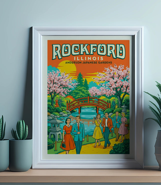 Rockford Illinois Anderson Japanese Gardens vintage travel poster.