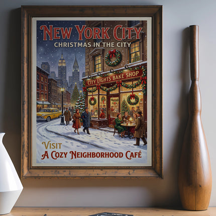 New York City Christmas in the City poster with City Lights Bake Shop.