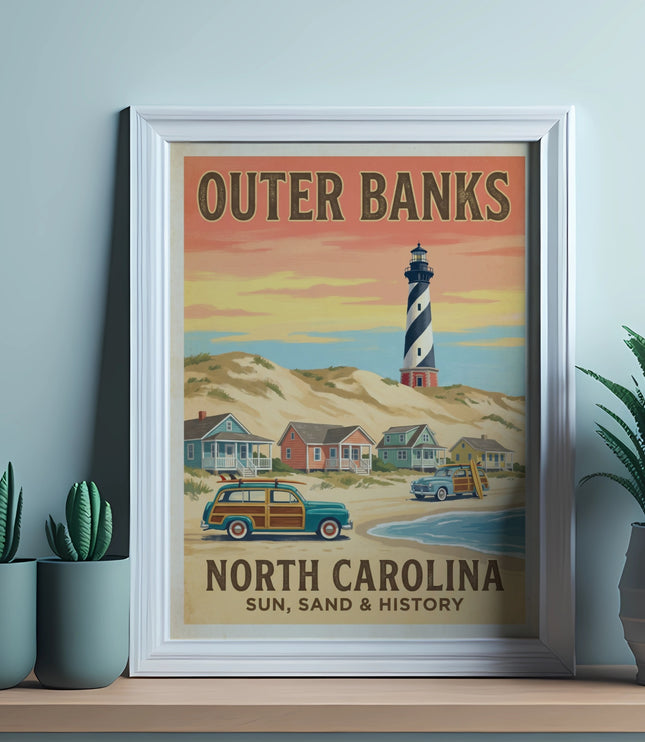 Poster depicting Outer Banks, North Carolina with a lighthouse, beach houses, and vintage cars.