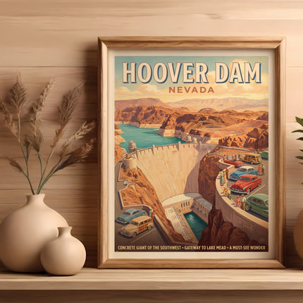 Hoover Dam Nevada poster with vehicles and landscape.