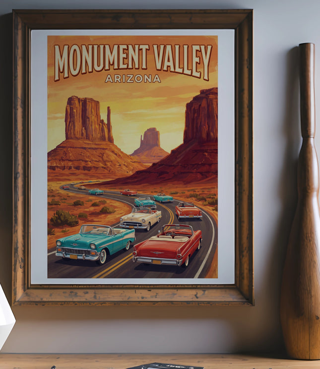 Monument Valley Arizona poster with vintage cars on a road.