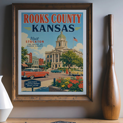 Rooks County, Kansas vintage travel poster featuring Stockton courthouse and town scene.