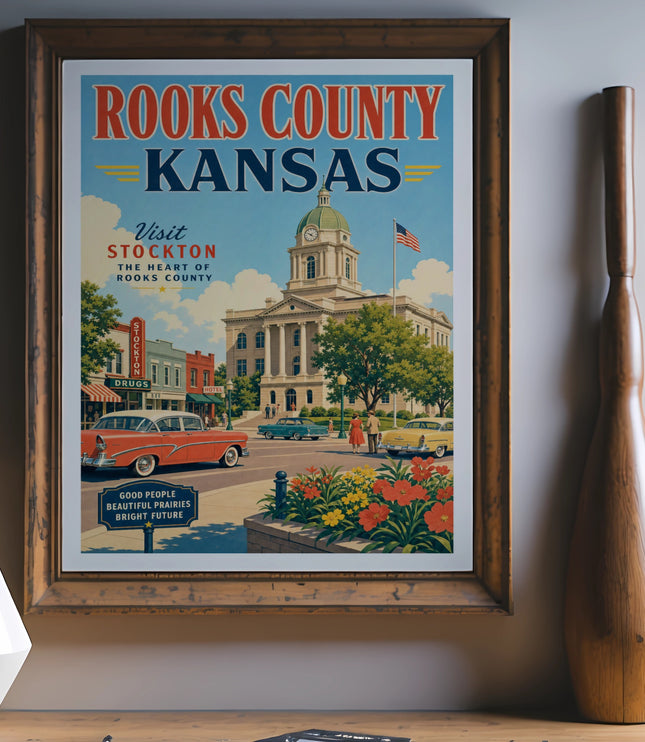 Rooks County, Kansas vintage travel poster featuring Stockton courthouse and town scene.