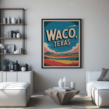 Waco, Texas poster with landscape and clouds in a living room.
