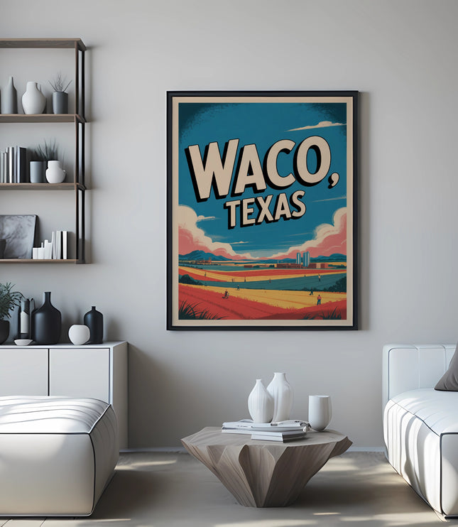 Waco, Texas poster with landscape and clouds in a living room.