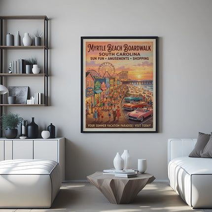 Myrtle Beach Boardwalk poster with Ferris wheel and beachgoers, "Your Summer Vacation Paradise!"
