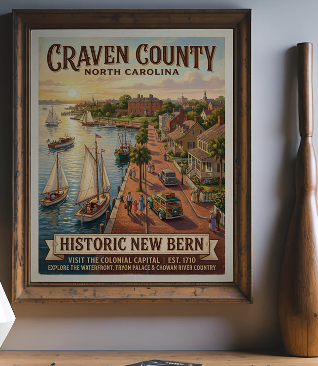 Poster depicting Craven County, North Carolina, with Historic New Bern, sailboats, and buildings.