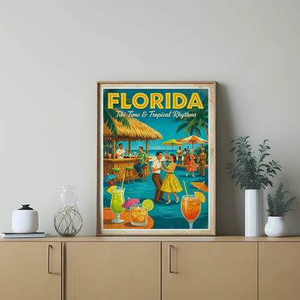 Vintage Florida poster with couple dancing and tropical drinks.
