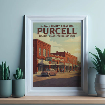 Purcell, Oklahoma poster featuring buildings, vintage car, and text "EST. 1907".
