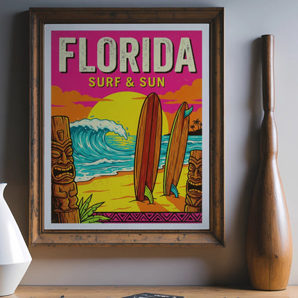 Vintage Florida surf and sun poster with tiki masks and surfboards.